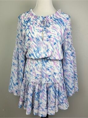 BuddyLove Zozo Marble Mini Dress Blue Purple Ruffle Bell Sleeve NWT